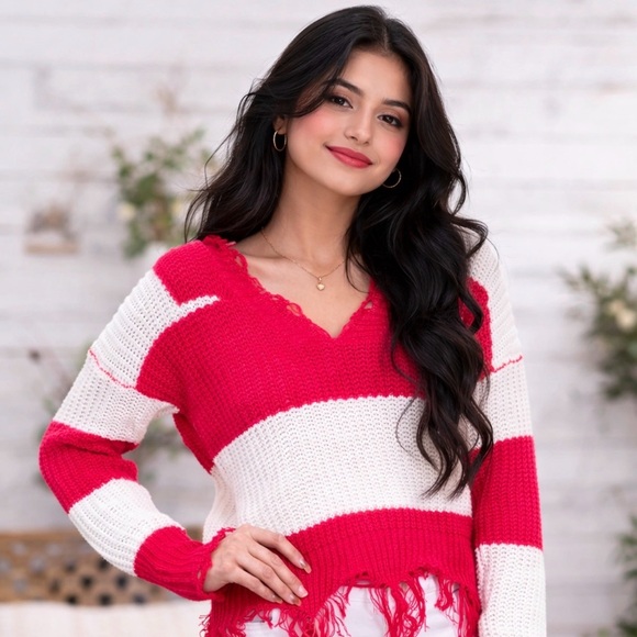 ADORA Sweaters - Women's Adora Red & White Striped V-Neck Sweater Fringe trim size L
